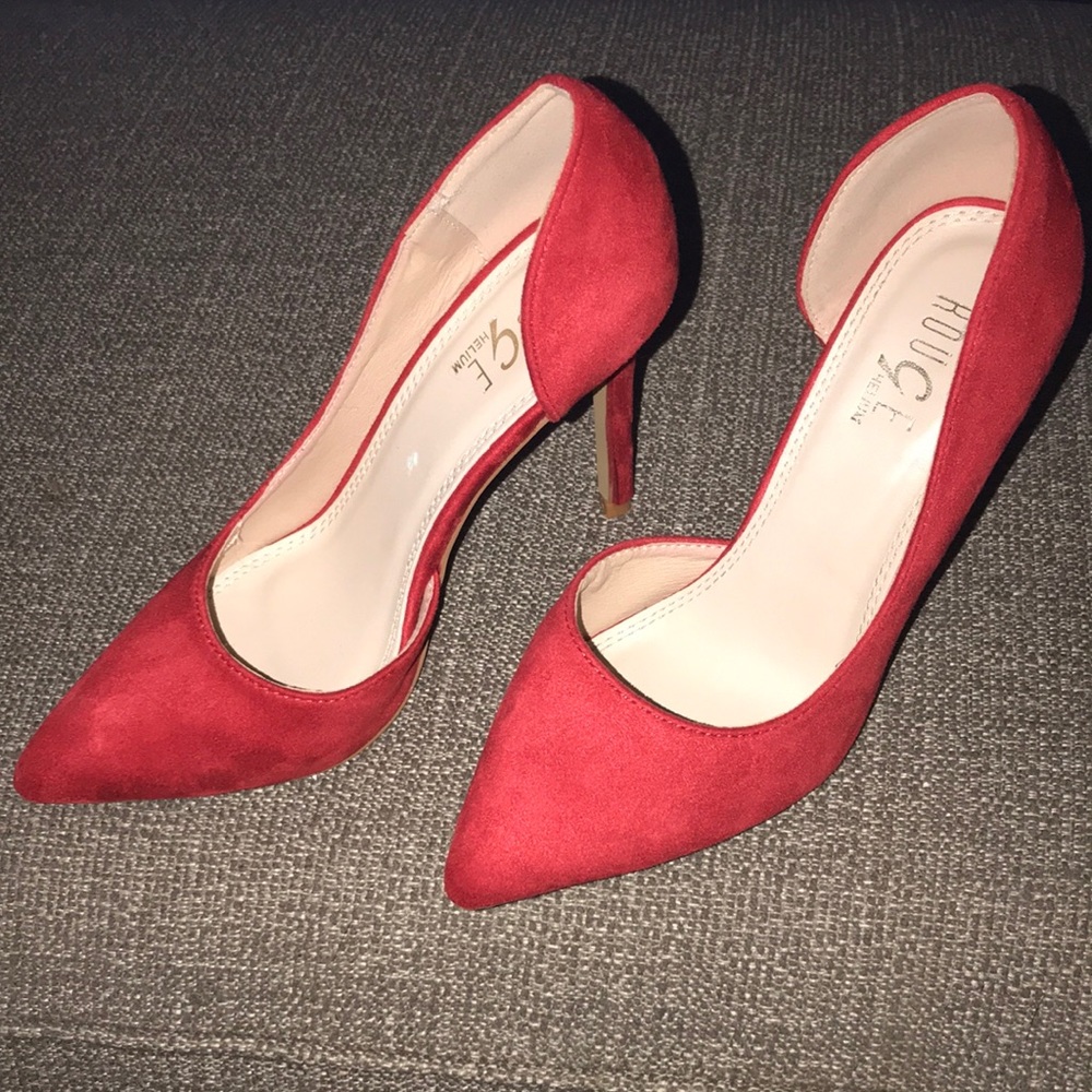 Red suede pumps